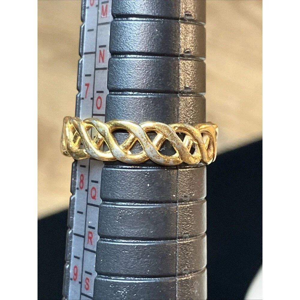 VTG Gold Tone Woven Band Solitaire Ring Round White Clear Stone Engagement 7.5